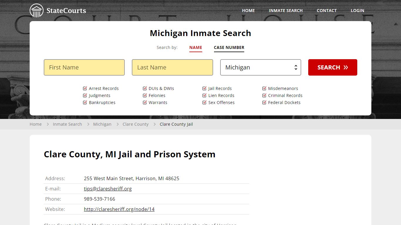 Clare County Jail Inmate Records Search, Michigan - StateCourts